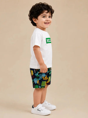 BloomUp White Graphic T-Shirt & Printed Shorts Set for Boys – Soft Cotton Casual Summer Outfit