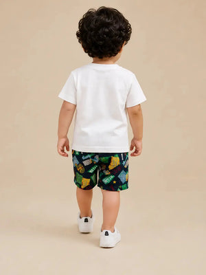 BloomUp White Graphic T-Shirt & Printed Shorts Set for Boys – Soft Cotton Casual Summer Outfit