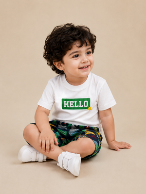 Boys Navy Blue Printed Shorts & Hello T Shirt Set BloomUp