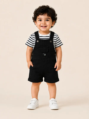 BloomUp Boys Black Dungaree Shorts Set with Striped T-Shirt – Cute Casual Outfit for Toddlers