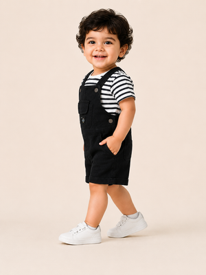 Boys Black Dungaree Shorts Set with Striped T-Shirt ā Cute Casual Outfit for Toddlers BloomUp