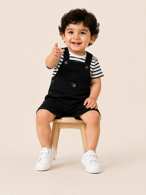 Boys Black Dungaree Shorts Set with Striped T-Shirt ā Cute Casual Outfit for Toddlers BloomUp