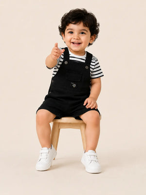 BloomUp Boys Black Dungaree Shorts Set with Striped T-Shirt – Cute Casual Outfit for Toddlers