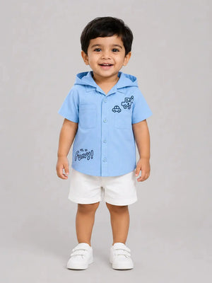 BloomUp Sky Blue Hooded Shirt for Boys – Soft Cotton Casual Summer Wear