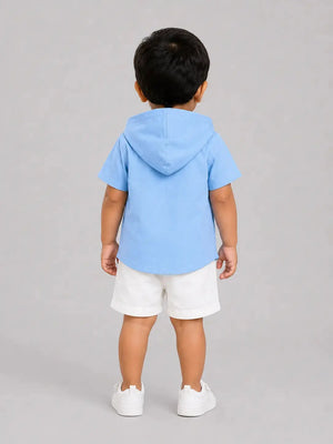 BloomUp Sky Blue Hooded Shirt for Boys – Soft Cotton Casual Summer Wear