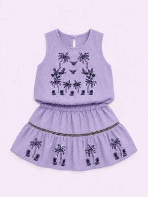 BloomUp Lavender Printed Top & Skirt Set for Girls – Soft Cotton Casual Summer Outfit