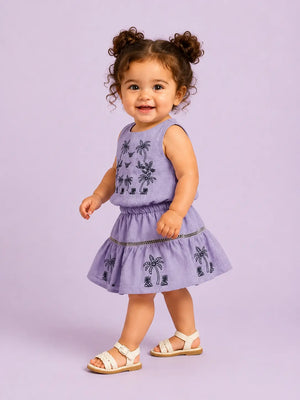 BloomUp Lavender Printed Top & Skirt Set for Girls – Soft Cotton Casual Summer Outfit