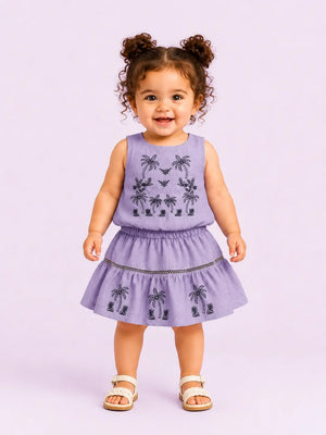 BloomUp Lavender Printed Top & Skirt Set for Girls – Soft Cotton Casual Summer Outfit
