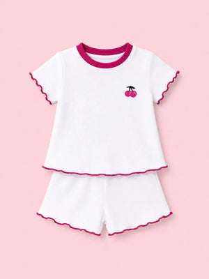 BloomUp White Cherry Embroidered Co-ord Set for Girls – Soft Cotton Casual Summer Outfit