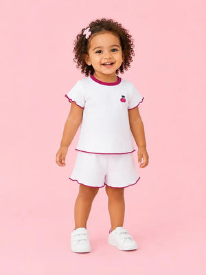 BloomUp White Cherry Embroidered Co-ord Set for Girls – Soft Cotton Casual Summer Outfit