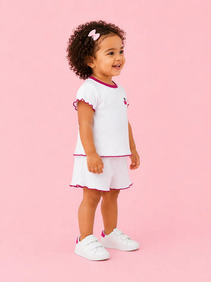 BloomUp White Cherry Embroidered Co-ord Set for Girls – Soft Cotton Casual Summer Outfit