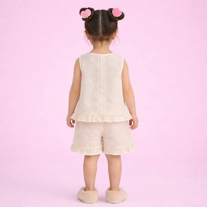 Off White Girls Co-ord Set – Cotton Schiffli Top & Shorts Summer Outfit BloomUp