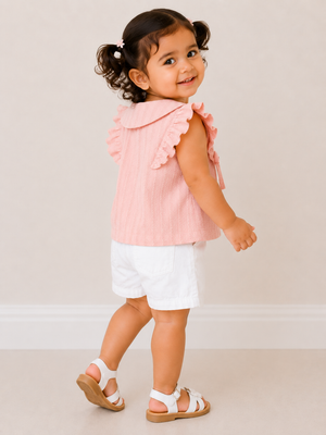 Girls Peach Flutter Sleeve Embroidered Soft Cotton Clothing Set BloomUp
