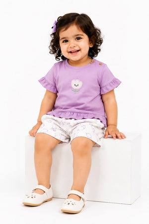 Girls Lavender Peplum Top & Printed Leggings Set Kidswear Cotton BloomUp