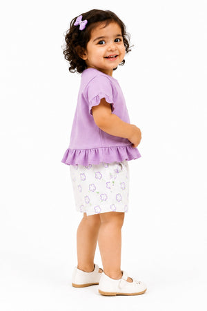 Girls Lavender Peplum Top & Printed Leggings Set Kidswear Cotton BloomUp