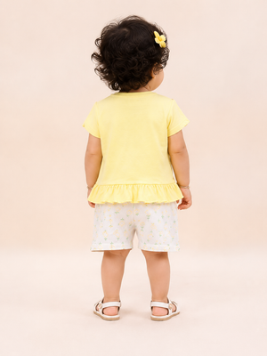 Girls Yellow Flower Appliqué Top & Shorts Set – Soft Cotton Summer Co-ord Outfit BloomUp