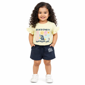 Lemon Yellow Girls Co-ord Set – Beach Print Cotton T-Shirt & Shorts Summer Outfit BloomUp