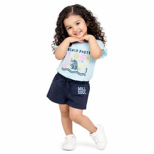 BloomUp Blue Girls Co-ord Set – Beach Print Cotton T-Shirt & Shorts Summer Outfit