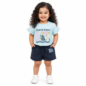 BloomUp Blue Girls Co-ord Set – Beach Print Cotton T-Shirt & Shorts Summer Outfit