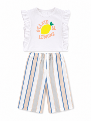 Girls Lemon Graphic Top & Striped Palazzo Pants Set – Soft Cotton Summer Co-ord Outfit BloomUp