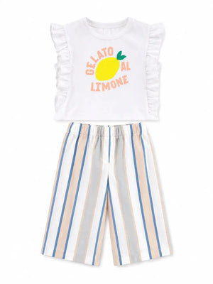 BloomUp Girls Lemon Graphic Top & Striped Palazzo Pants Set – Soft Cotton Summer Co-ord Outfit
