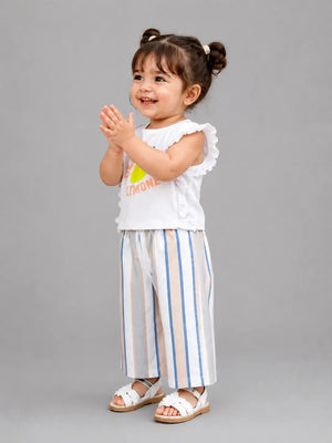 BloomUp Girls Lemon Graphic Top & Striped Palazzo Pants Set – Soft Cotton Summer Co-ord Outfit