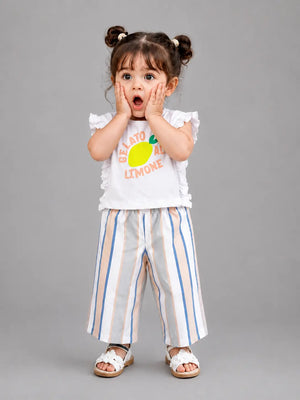 BloomUp Girls Lemon Graphic Top & Striped Palazzo Pants Set – Soft Cotton Summer Co-ord Outfit