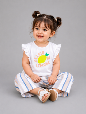Girls Lemon Graphic Top & Striped Palazzo Pants Set – Soft Cotton Summer Co-ord Outfit BloomUp