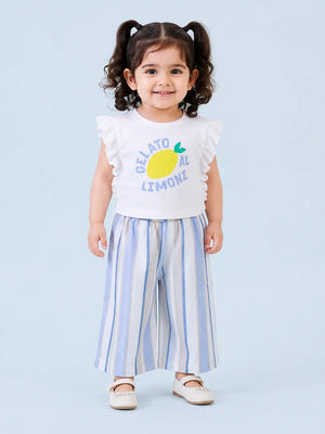 BloomUp Girls Lemon Graphic Top & Striped Palazzo Pants Set – Soft Cotton Summer Co-ord Outfit