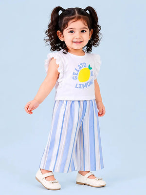 BloomUp Girls Lemon Graphic Top & Striped Palazzo Pants Set – Soft Cotton Summer Co-ord Outfit
