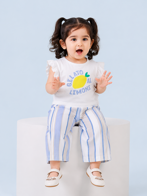 Girls Lemon Graphic Top & Striped Palazzo Pants Set – Soft Cotton Summer Co-ord Outfit BloomUp