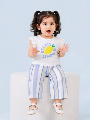 BloomUp Girls Lemon Graphic Top & Striped Palazzo Pants Set – Soft Cotton Summer Co-ord Outfit