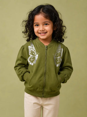 BloomUp Olive Green Butterfly Print Zip-Up Bomber Jacket for Girls – Soft Kids Casual Layering Jacket