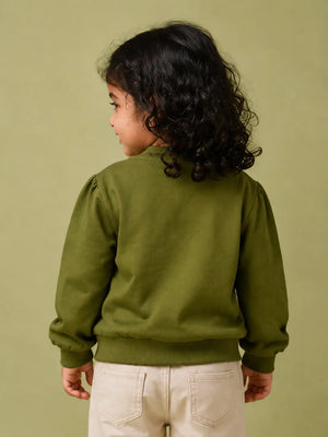 BloomUp Olive Green Butterfly Print Zip-Up Bomber Jacket for Girls – Soft Kids Casual Layering Jacket