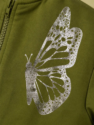 BloomUp Olive Green Butterfly Print Zip-Up Bomber Jacket for Girls – Soft Kids Casual Layering Jacket