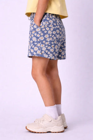 Girls Blue Floral Printed Denim Shorts with Button Closure BloomUp