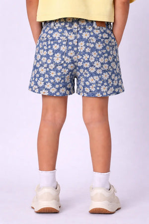 Girls Blue Floral Printed Denim Shorts with Button Closure BloomUp