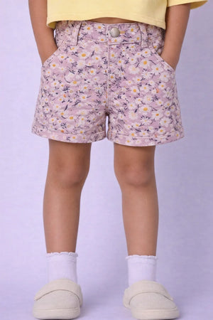 Girls Pink Floral Printed Denim Shorts with Button Closure BloomUp