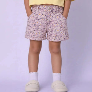BloomUp Girls Pink Floral Printed Denim Shorts with Button Closure