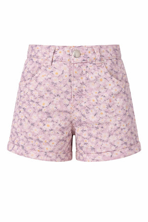 Girls Pink Floral Printed Denim Shorts with Button Closure BloomUp