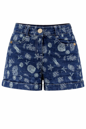 Kids Blue Denim Shorts with Ocean Print BloomUp