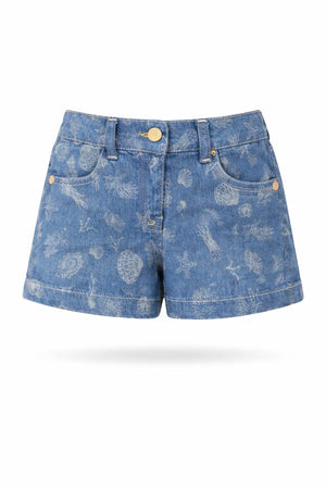 Kids Light Blue Denim Shorts with Ocean Print BloomUp
