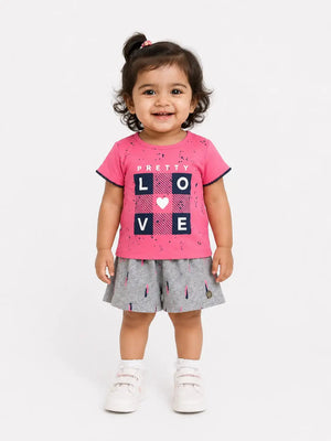 BloomUp Pink Printed Top & Skorts Set for Girls – Soft Cotton Casual Summer Outfit