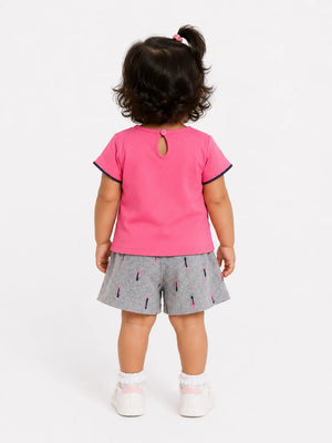 BloomUp Pink Printed Top & Skorts Set for Girls – Soft Cotton Casual Summer Outfit