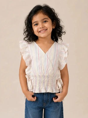 BloomUp Girls White Striped Flutter Sleeve Top