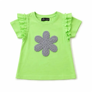 BloomUp Green Floral Applique Flutter Sleeve Top for Girls – Soft Cotton Casual Wear