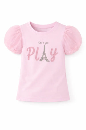 Pink “Let’s Go Play” Graphic Kids T-Shirt – Soft Cotton Puff Sleeve Summer Wear for Girls BloomUp