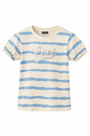 Cream & Blue Striped “Cool” Kids T-Shirt – Soft Cotton Puff Sleeve Summer Wear for Girls BloomUp