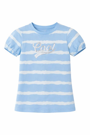 Blue Striped “Cool” Graphic Kids T-Shirt – Soft Cotton Puff Sleeve Summer Wear for Girls BloomUp