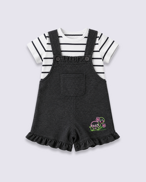 Baby Girls Charcoal Grey Dungaree Romper Set with Striped T-Shirt BloomUp